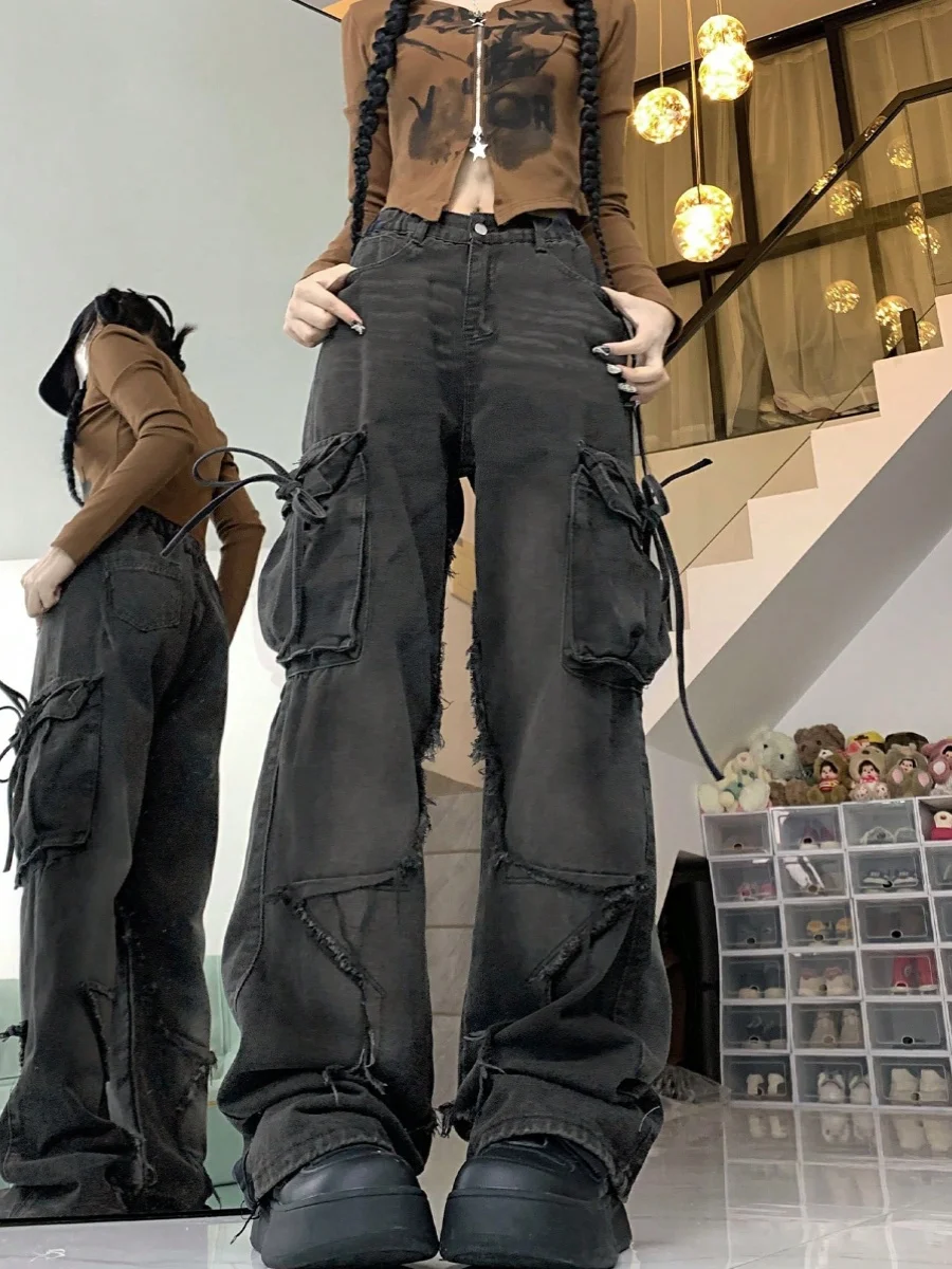 

Ретро-джинсы в американском стиле: летние, шикарные, с множеством карманов, на поясе, широкие, с высокой талией, свободные, прямые, длиной в пол, женские