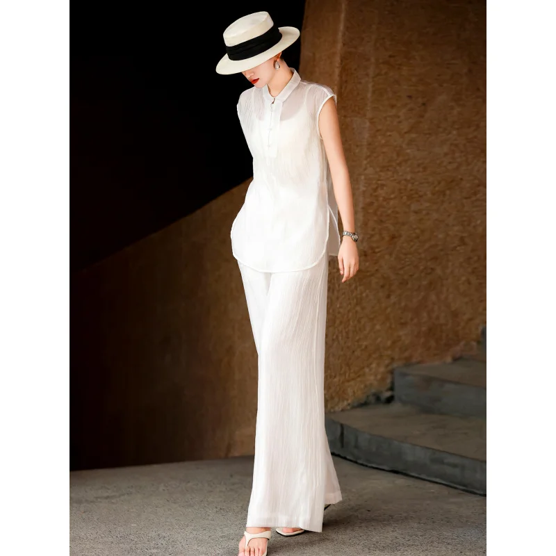 MEXCOCO New Summer Minimalist Old Money Style 2 Piece Outfit, Side Slit Top & Wide Leg Pants Matching Set for Women