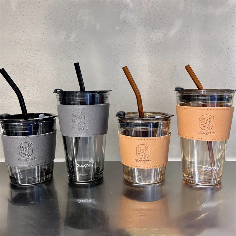 High-quality 350/450ml Iced Juice Milk Glass Cup Transparent Straw Drinkware Coffee Cup With Cover Travel Party Cup Gift