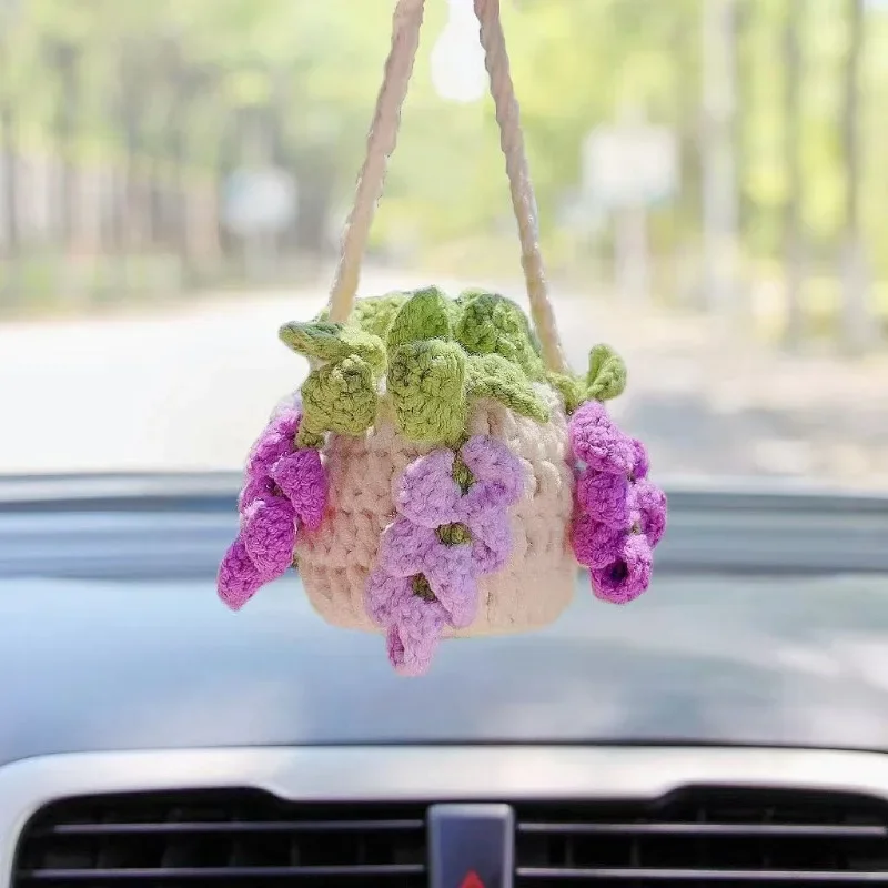 

Car Hanging Ornament Cute Crochet Plant Rear View Mirror Pendant Decoration Handmade Knitted Mirror Hanging Car Pendant