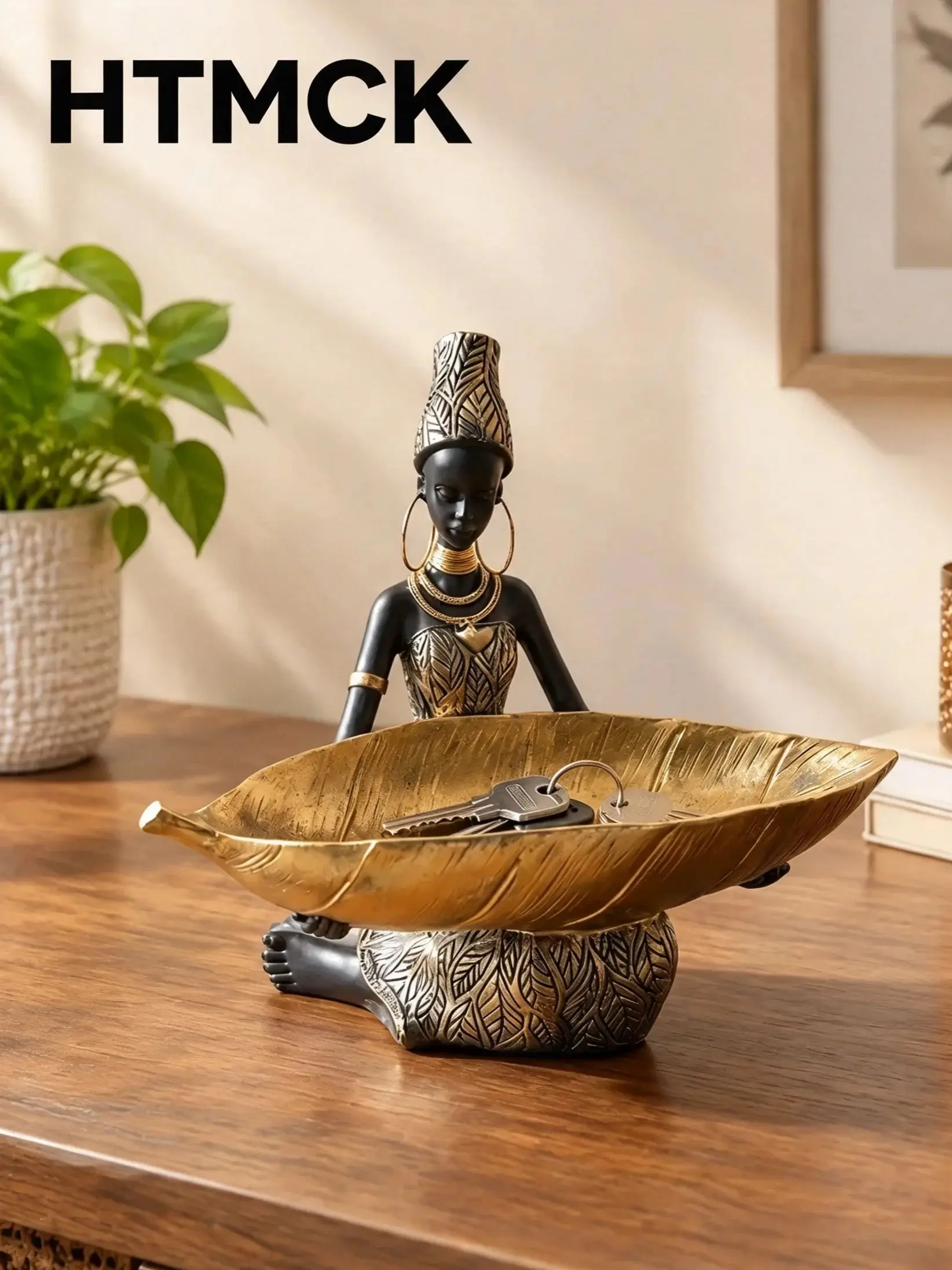 HTMCK African Girl Holding a Plate Sculpture, Home and Office Decorative Storage Ornament, Vintage Collectible Craft Deskt Decor