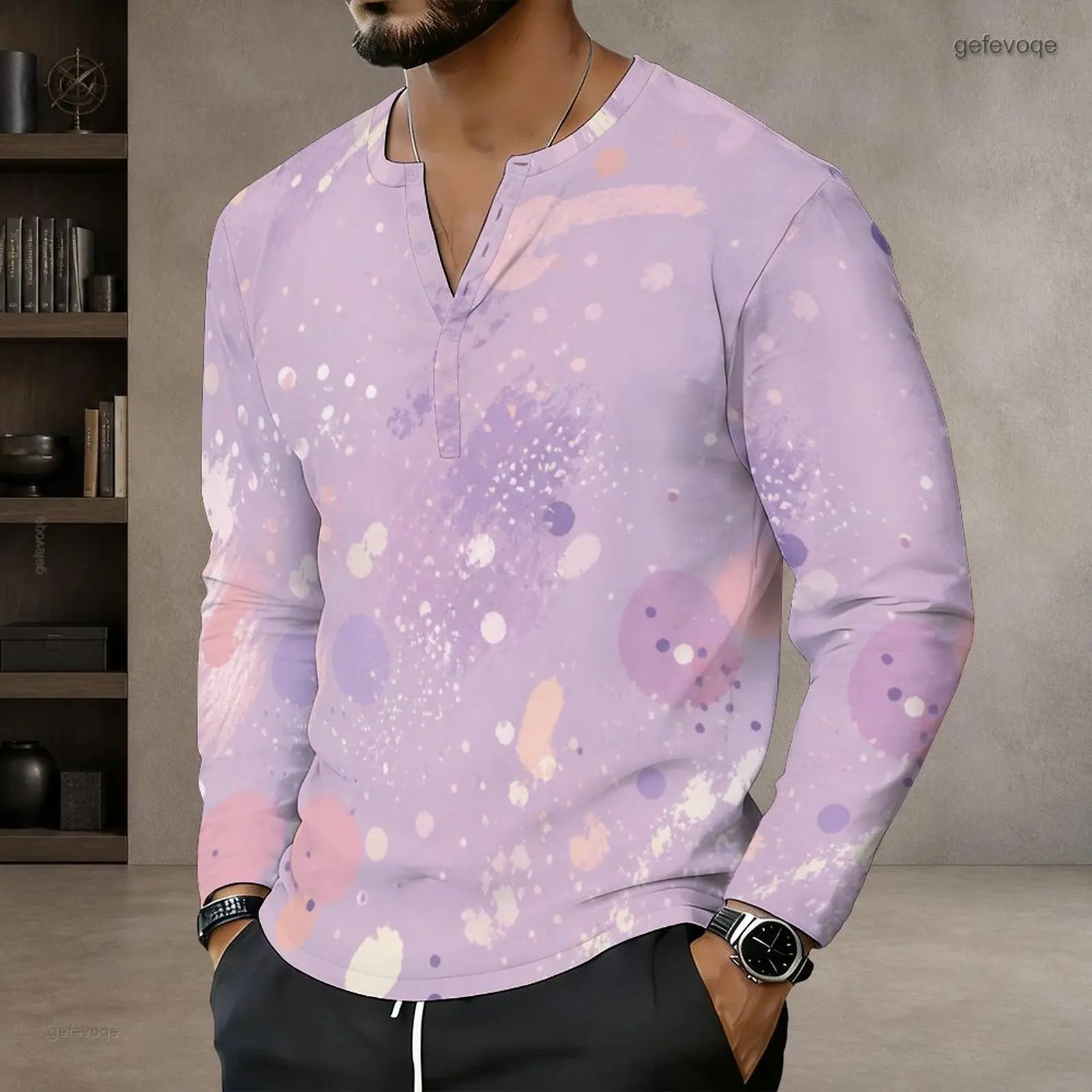 Men Printed Top Notch Neck Long Sleeve Pullover Straight Hem