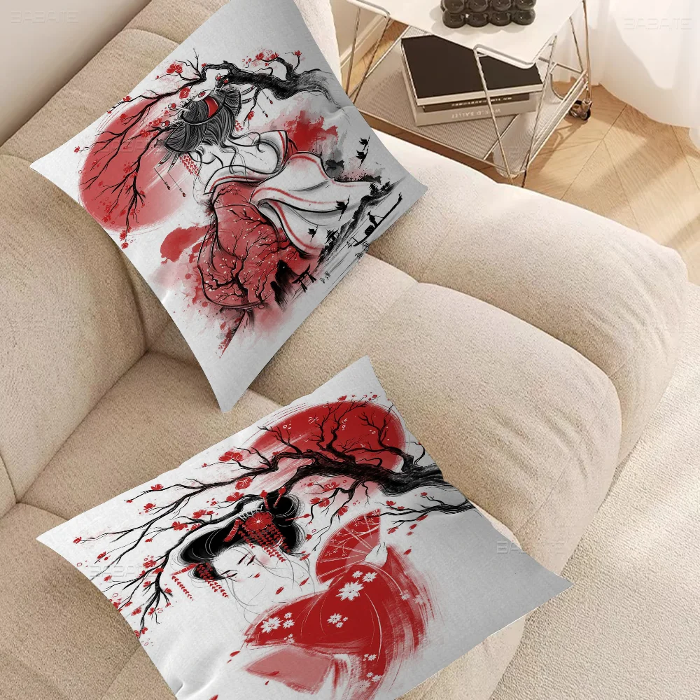 

Anime Geisha Cat Koi Landscape Maple Design Cushion Cover Happy Autumn Harvest Decor Holiday Decorati Pillow Cover