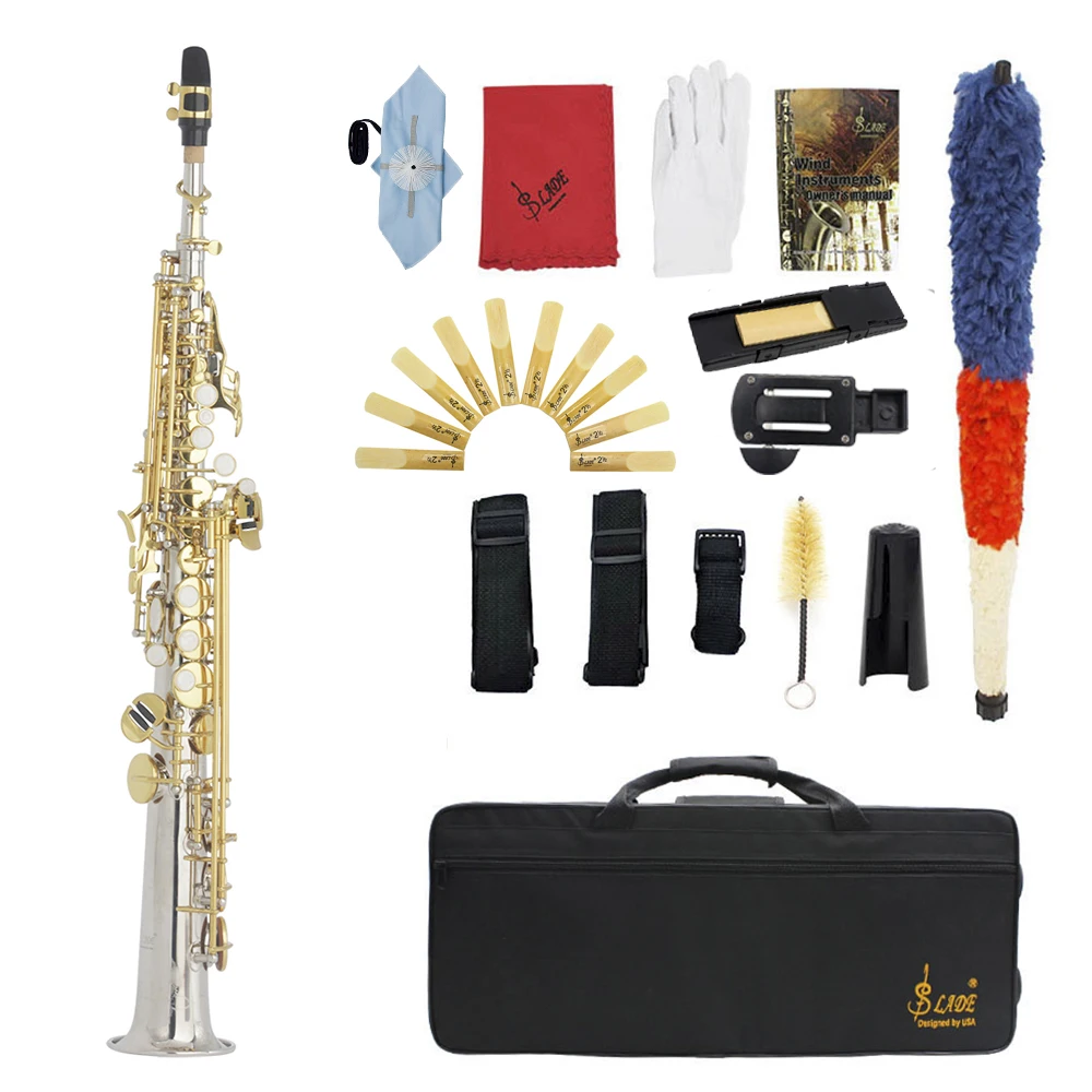 

SLADE Straight Bb Soprano Saxophone Brass Silver Plated B Flat Sax Woodwind Instrument With Case Reeds Gloves Parts & Accessory