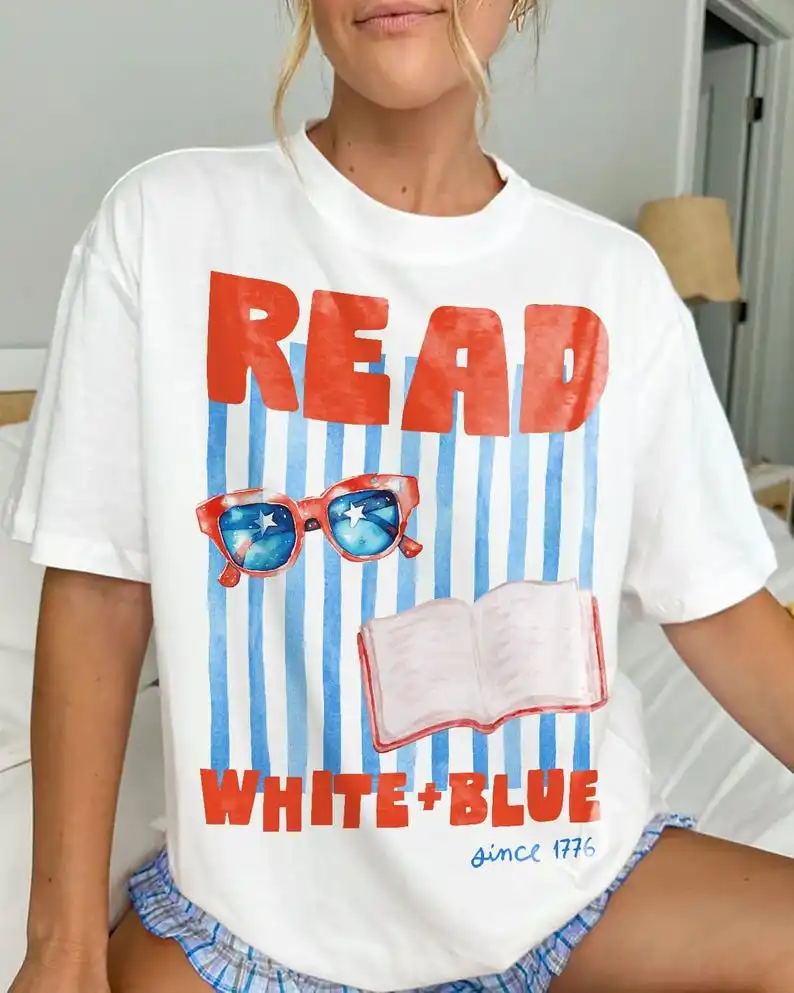 Patriotic Bookish T-Shirt | Fourth of July Book  American Reader Tee Fireworks American Flag Shirt Librarian Summer Reading Tee
