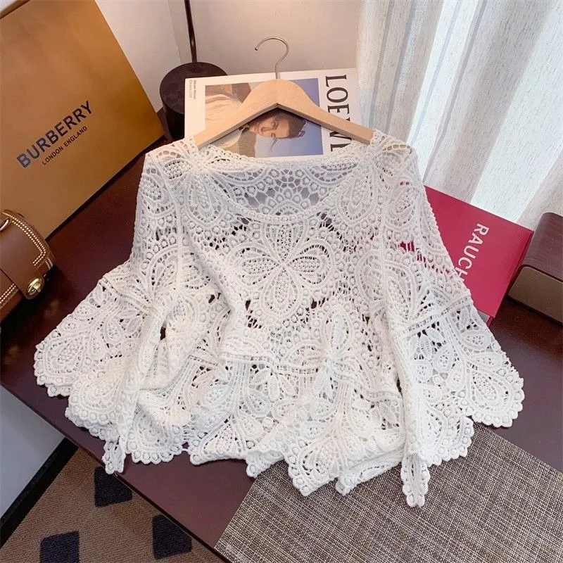 

Летний ажурный топ с рукавами три четверти, новинка лета 2022, универсальный милый кружевной шаль в стиле ретро с вырезами, вязаный крючком, укороченный топ