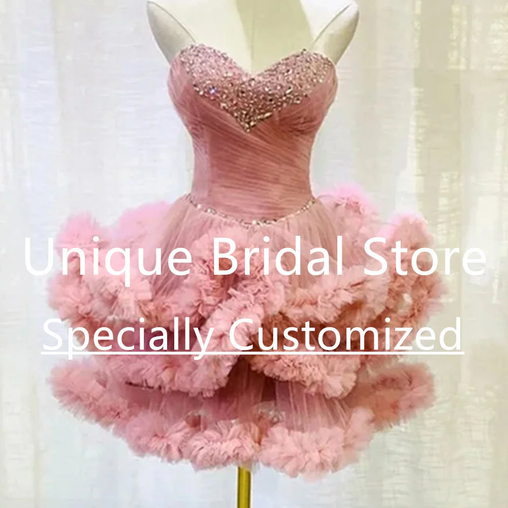 Customized CustomizedSweetheart Short Cocktail Dress With Crystal Tulle Tiered Pink Mini Draped Women's Backless Lace-up Fashion