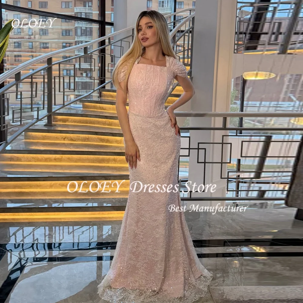 OLOEY Customized Blush Pink Square Collar Puff Sleeve Prom Dress Floor-Length vestidos de noche Beading Evening Dresses 2026