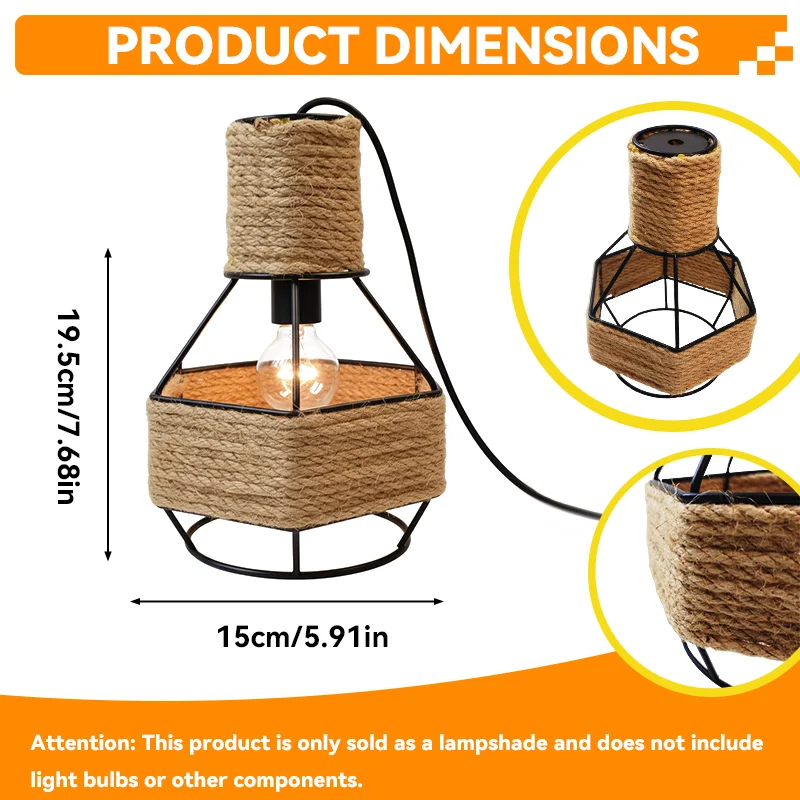 Rustic Woven Rope Lamp Shade, Black Metal Geometric Cage Cover for Pendant Chandelier