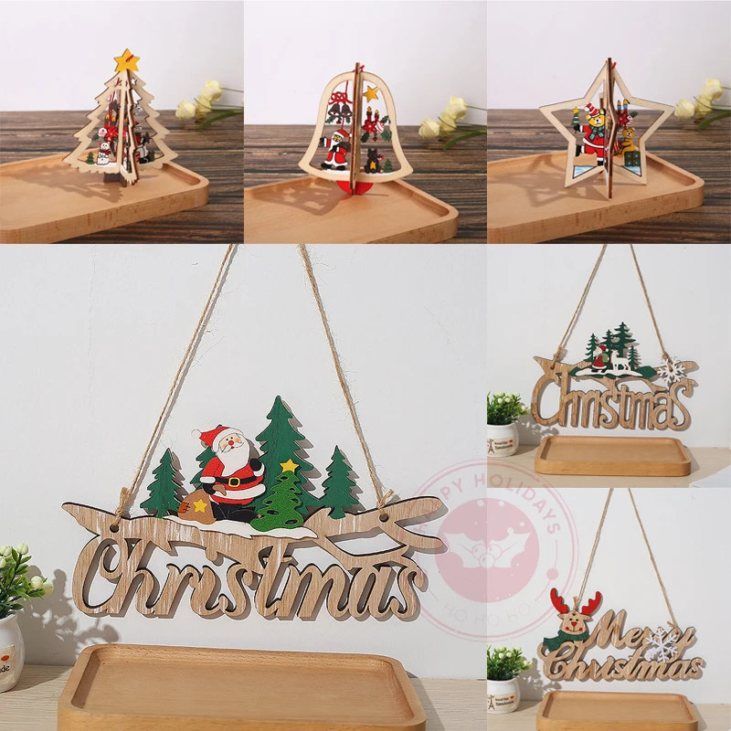 Nuovo cartello natalizio con lettere in legno, porta appesa all\'albero di Natale, pupazzo di neve, decorazioni pendenti, campanella con trucioli di