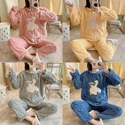 2Pcs/set winter warm pajamas round neck jacquard white goose student home wear padded thickened cartoon long-sleeved long pants