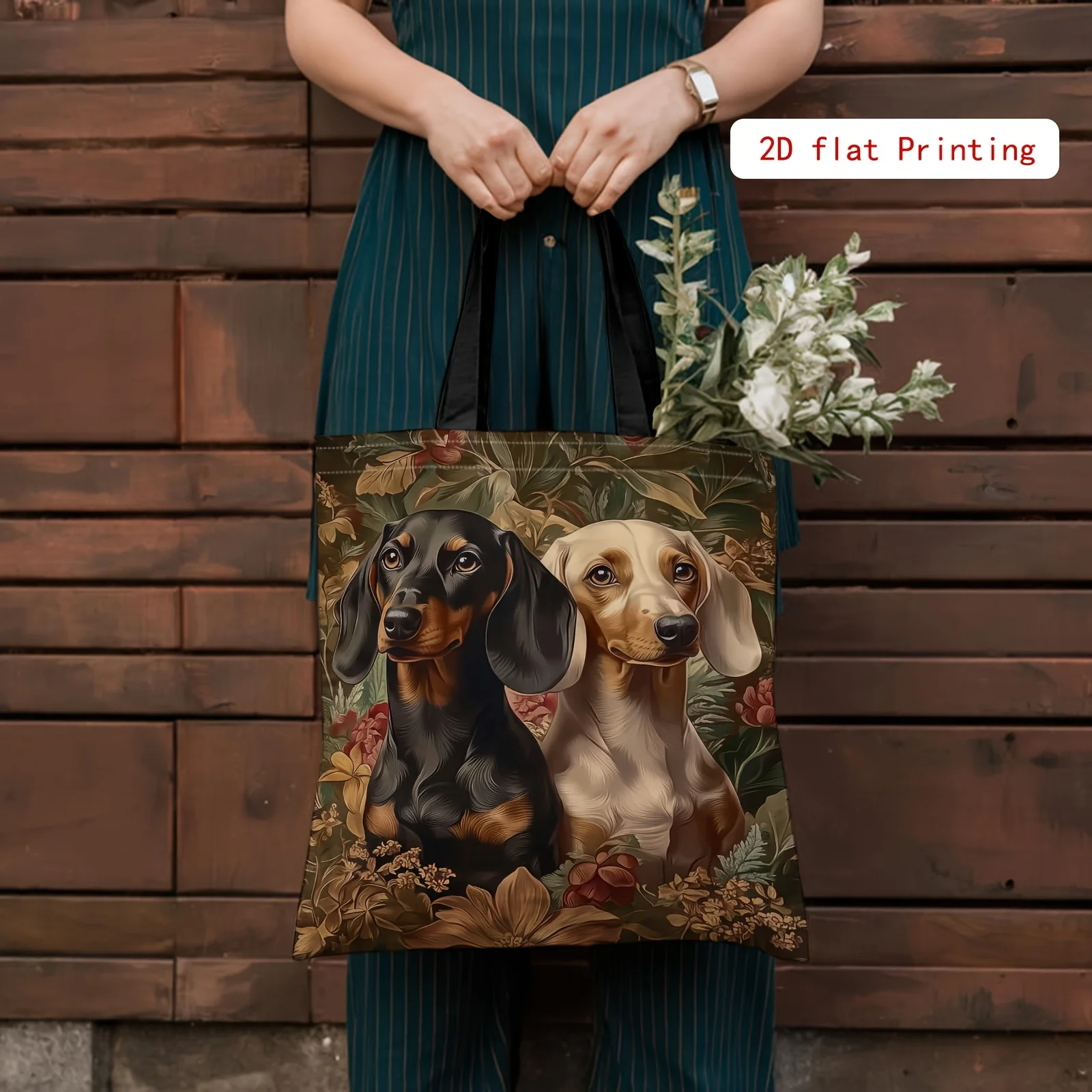 1pc Dachshunds, Floral Background Double-sided 2d Printed Bag, Elegant and Versatile Handbag, Fashion Accessory
