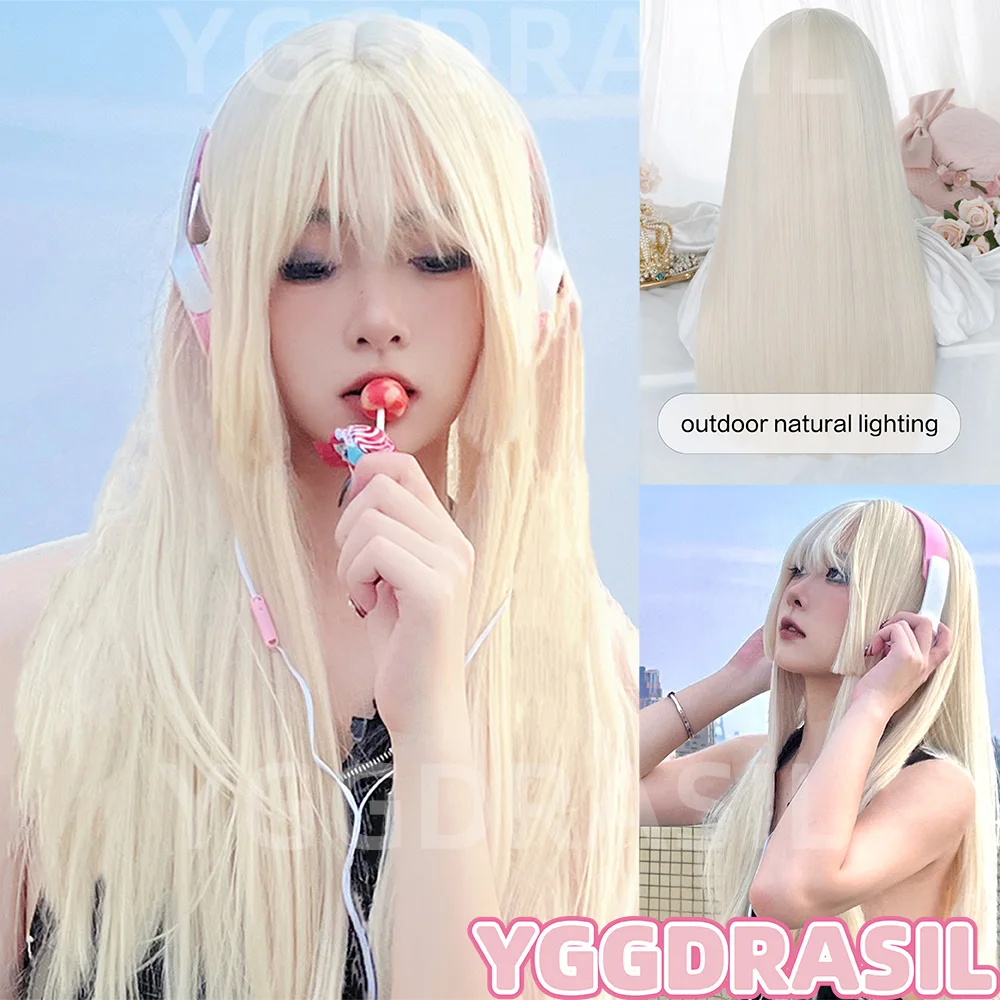 Peruca longa de cabelo liso natural para mulheres, perucas sintéticas louras claras douradas com estrondo, resistente ao calor, cosplay, 26"