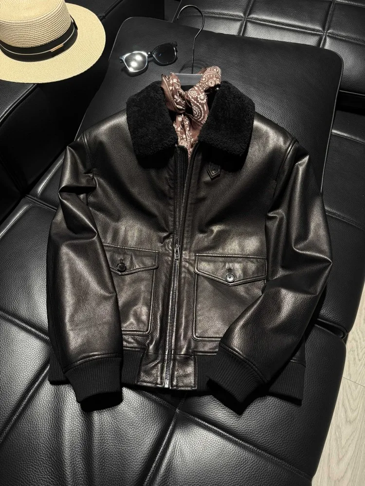 Vintage Goatskin Pilot Jacket Men New Winter Warm Thicken Punk Genuine Leather Coat Casual High Street Motorcycle Short Jackets