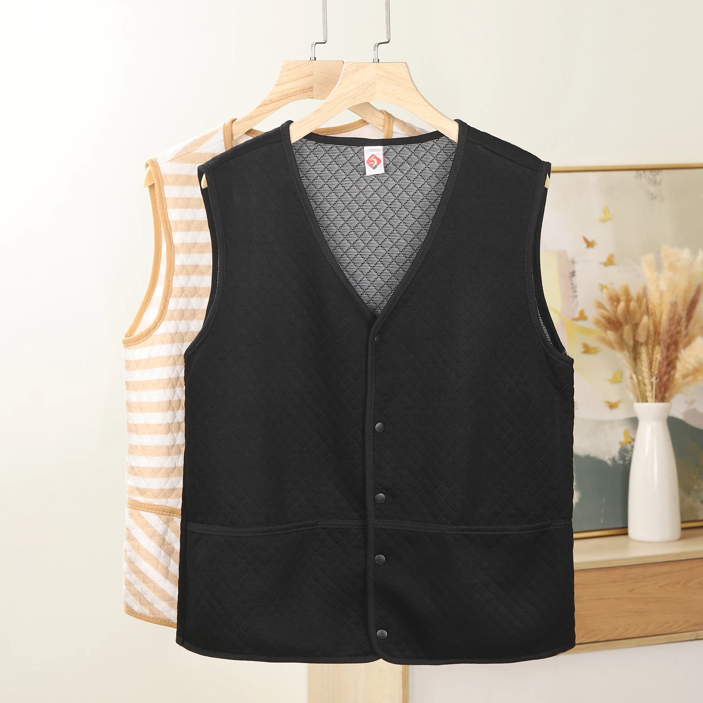 Men's V-Neck Vest Warm Large Size Inner Wear Shoulder Protection Cold Proof Short Jacket Striped Neck Protector Casual Vest
