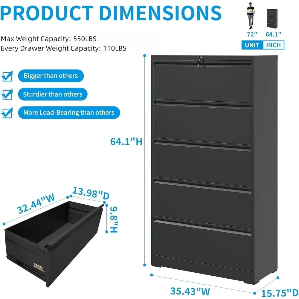 Black Metal 5-Drawer Wide Lateral File Cabinet with Lock for Home Office, Secure Steel Filing Cabinet for Letters and Documents