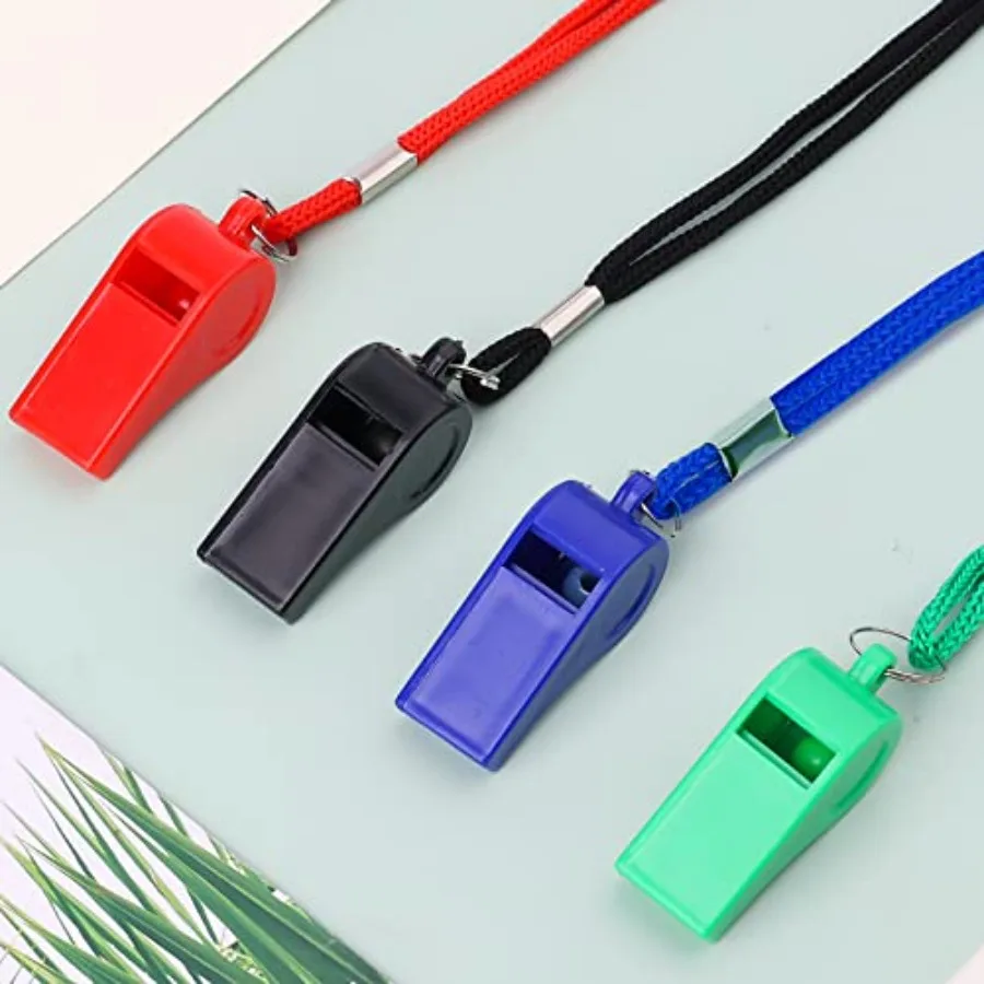 4 silbatos de plástico con cordón, silbato fuerte para supervivencia de emergencia, entrenamiento de profesores, entrenamiento de perros, negro, azul, rojo y verde
