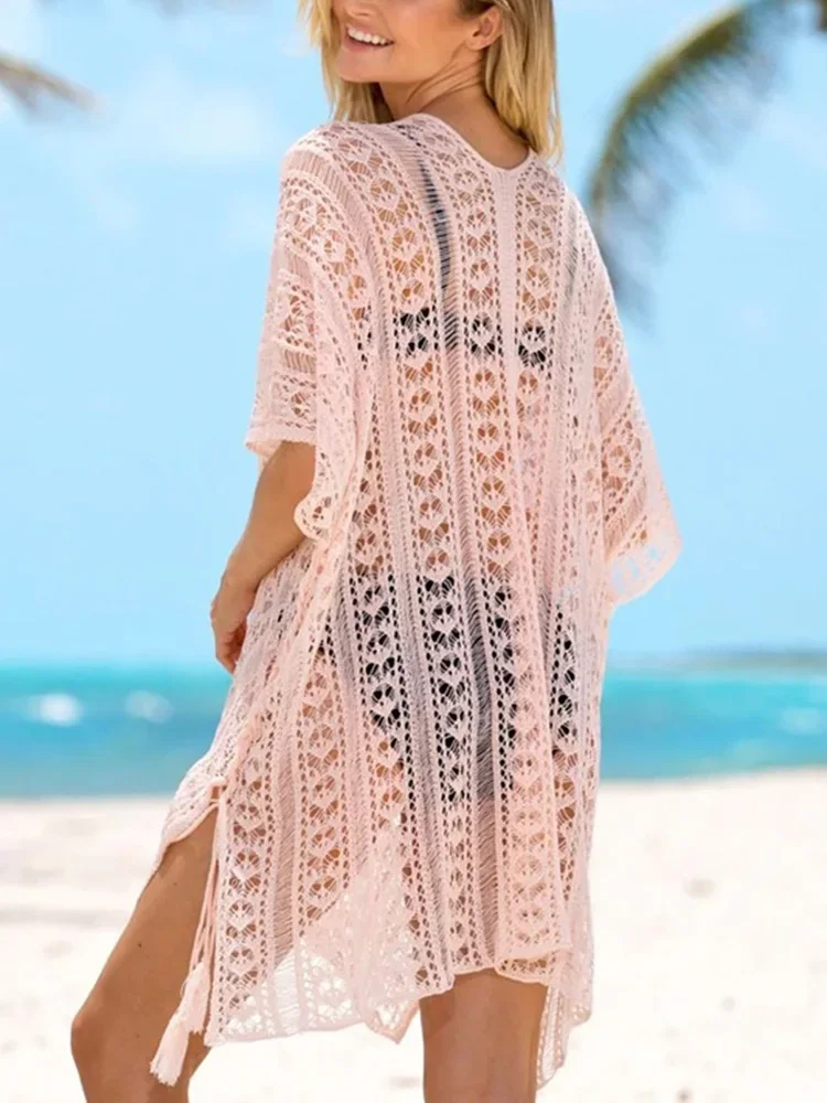 2025 new See Through Bikini Cover-Ups Women Beach Cover Up V-Neck Plus Size Mini Dress Summer Fashion Female Slit Cut Beachwear