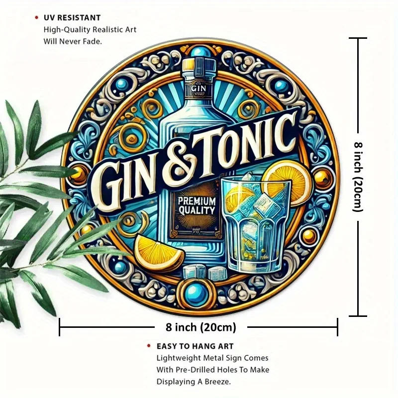 2D Flat - Vintage Gin & Tonic Metal Sign - 8x8 Inch Round Aluminum Wall Decor, Retro Cocktail Wall Art for Home, Bar, Cafe, Indo