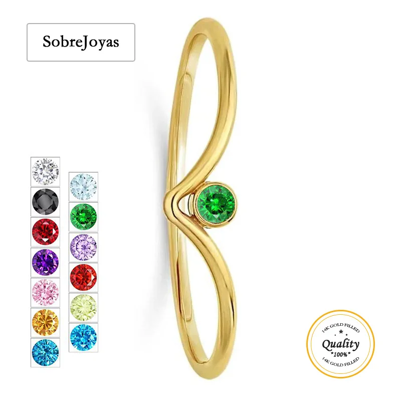 

14K Gold Filled Bezel Chevron Ring with Birthstone 2mm Boho Style Rings Jewelry for Women