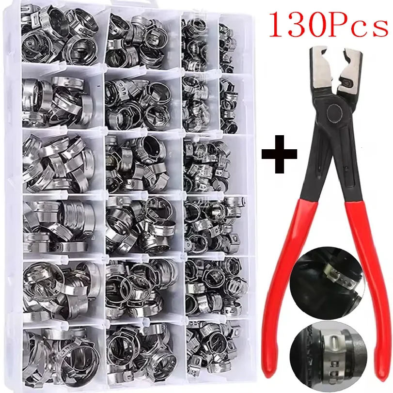 130PCs Stainless Steel Ear Stepless Clamp Worm Drive Fuel Water Hose Pipe Clamps Clips 1PC Hose Clip Clamp Pliers