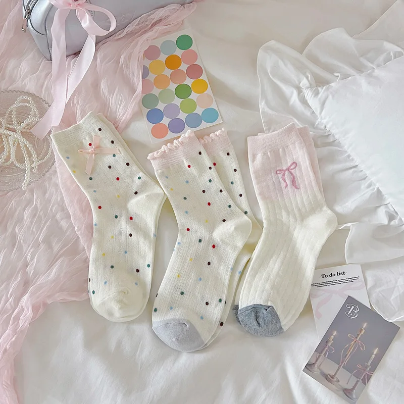 Cute Socks Women JK Japanese Style Multicolor Polka Dot Middle Tube Socks Pink Bow JK Sweet Girls Lolita Kawaii Ruffle Socks Sox