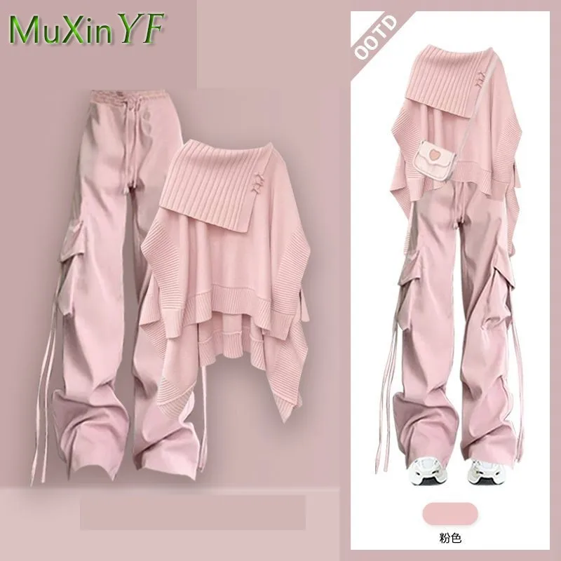 Women\'s 2024 Autumn/Winter New Fashion Matching Set Korean Elegant Pink Knitted Sweater Shawl+Casual Cargo Pants Two Piece Suit