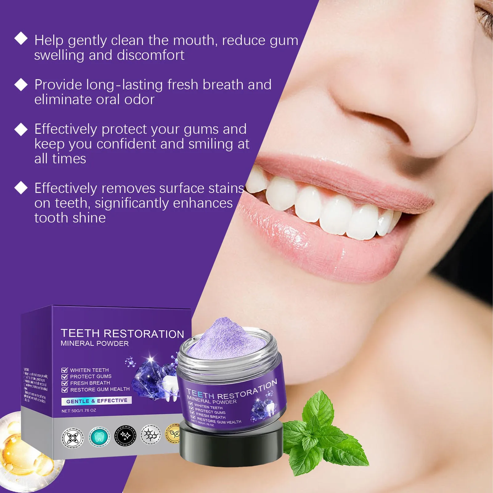 Purple Brightening Powder Enamel-Safe Toothpaste Whitening Powder Strengthen Teeth And Gums Tooth Repair Mineral Powder Gifts