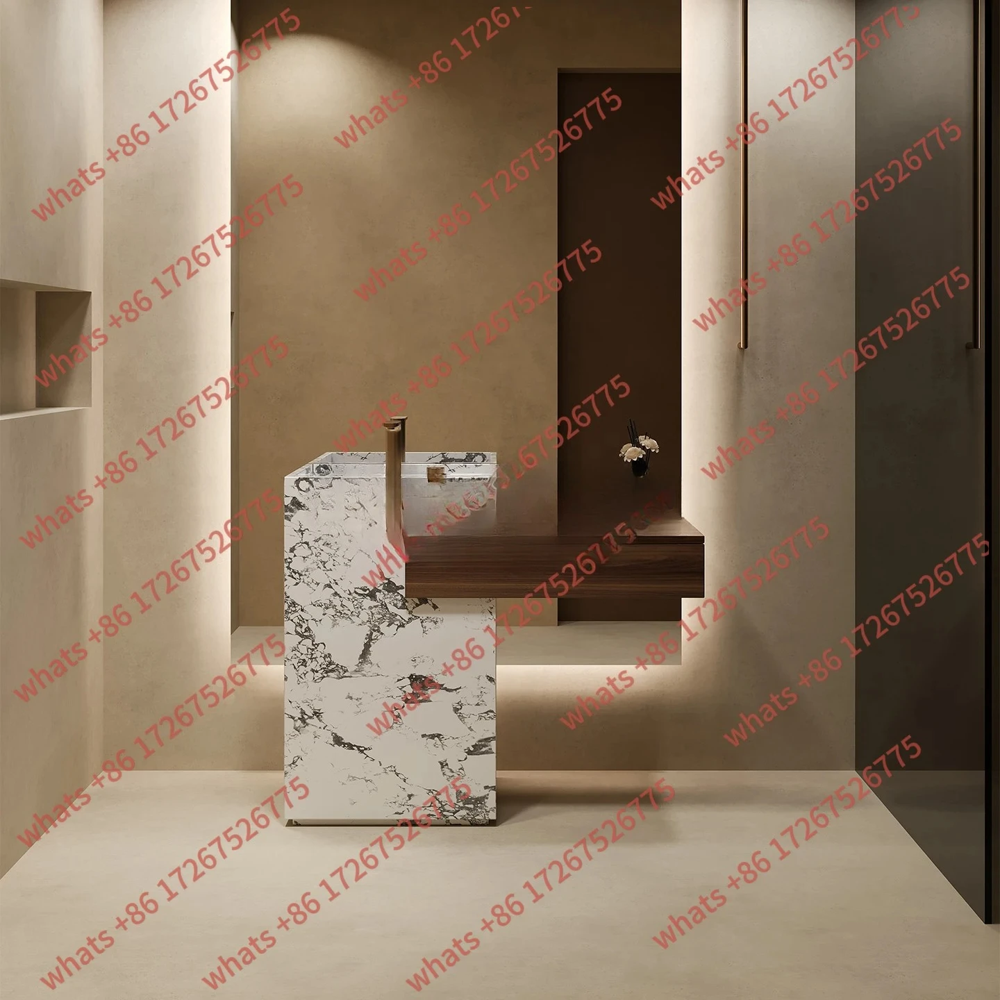 A  Villa travertine rock slab column basin wash basin, hand pool, bathroom cabinet