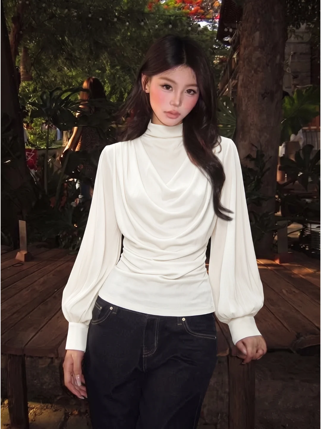 Slim Fit Long Sleeve T-Shirt Women's Autumn Lantern Sleeve Top Halter Neck Style Korean Version Casual Breathable Comfortable