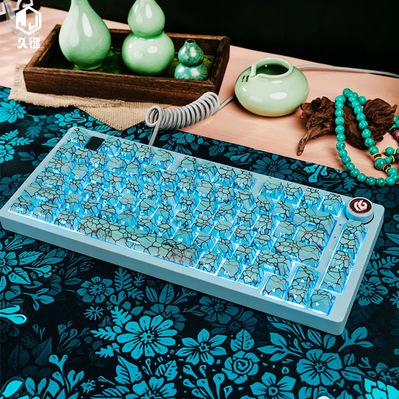 ターコイズ、クラック、模造セラミック、キーキャップ均一光透過、サイド刻印キーキャップ、ターコイズキーキャップ