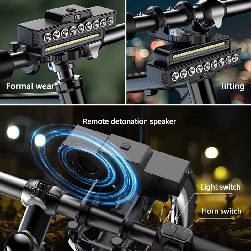 المصباح الأمامي للدراجة مع جهاز التحكم عن بعد 9 الخرز USB شحن الدراجات القرن ضوء الدراجة الجبلية الطريق الجبهة ضوء LED مصباح وامض مقاوم للماء #5