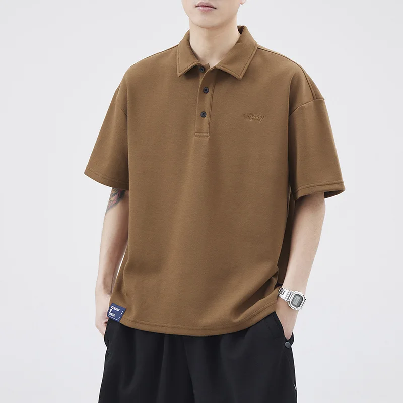 

Anyang Polo Shirt For Trendy Summer Loose Half Minimalist Men's Coffee Colored Short Sleeved Lapel