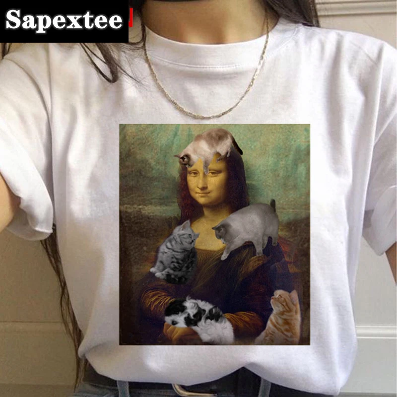 Mona Lisa Aesthetic Funny Cartoon T Shirt Women Grunge Vintage 90s T-shirt Graphic Fashion Tshirt Streetwear New Top Tees Female