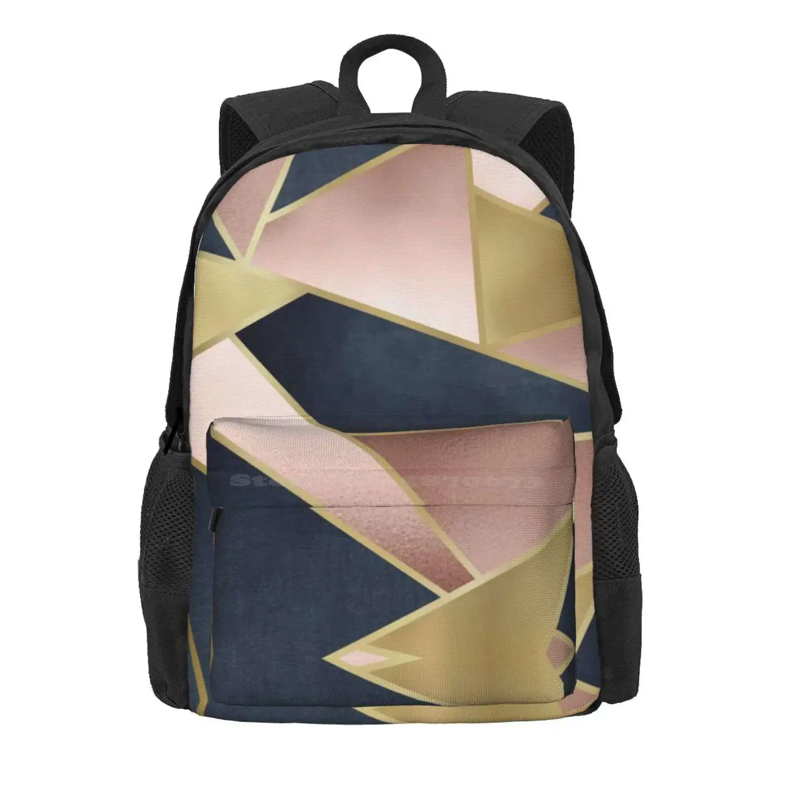 Geometric, Rose Gold, Pink, Gold And Navy Blue, Abstract, Pattern Hot Sale Schoolbag Backpack Fashion Bags Geometrical Geometry