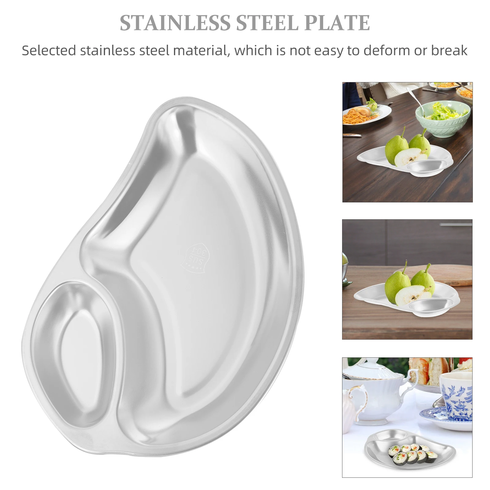 

Platters Stainless Steel Dessert Plate Dip Plates Sauce Dish for Dumpling Double Compartment Silver Serving Entertaining Child