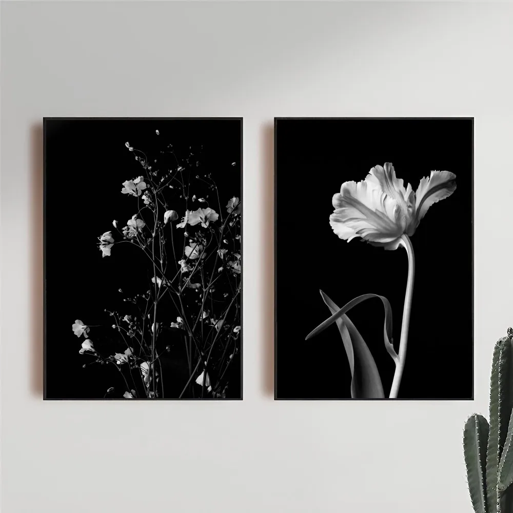 1PC Black And White Art Plant Flower Poster Self-adhesive Art Waterproof Paper Sticker Coffee House Bar Room Wall Decor