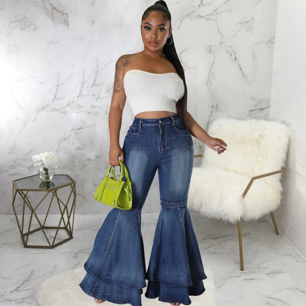 

Women's Vintage Flare Jeans High Waist Stretch Denim Casual Solid Bodycon Work Long Bell Bottoms 2023 Fashion High Streetwear