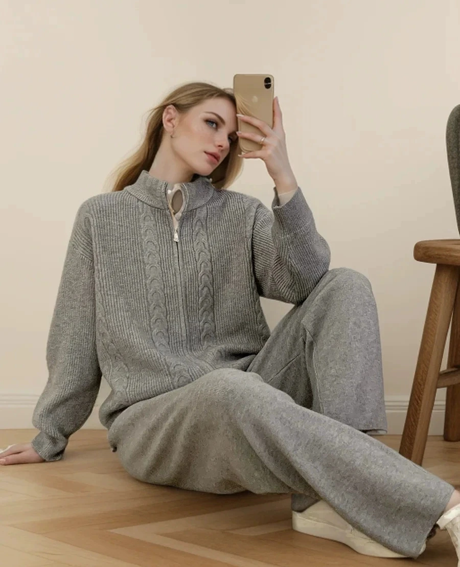 طقم سترة محبوكة بسحاب وبنطلون طويل للنساء، مجموعة خريفية أنيقة بأكمام طويلة وياقة عالية من قطعتين