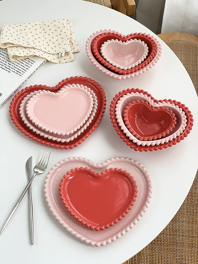 Anmuli Pink Heart Dot  Ceramic Rice Bowl Dessert Soup Plate Korean Style  Popular Elements Plain Color 8 Inch Plate