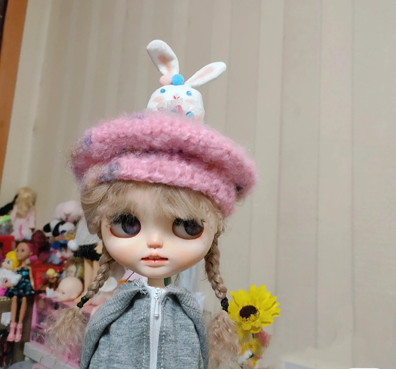 

Blythe hat Rabbit bud Gradient cap hand woven wool hat (Fit blythe、qbaby ob11 Doll Accessories)