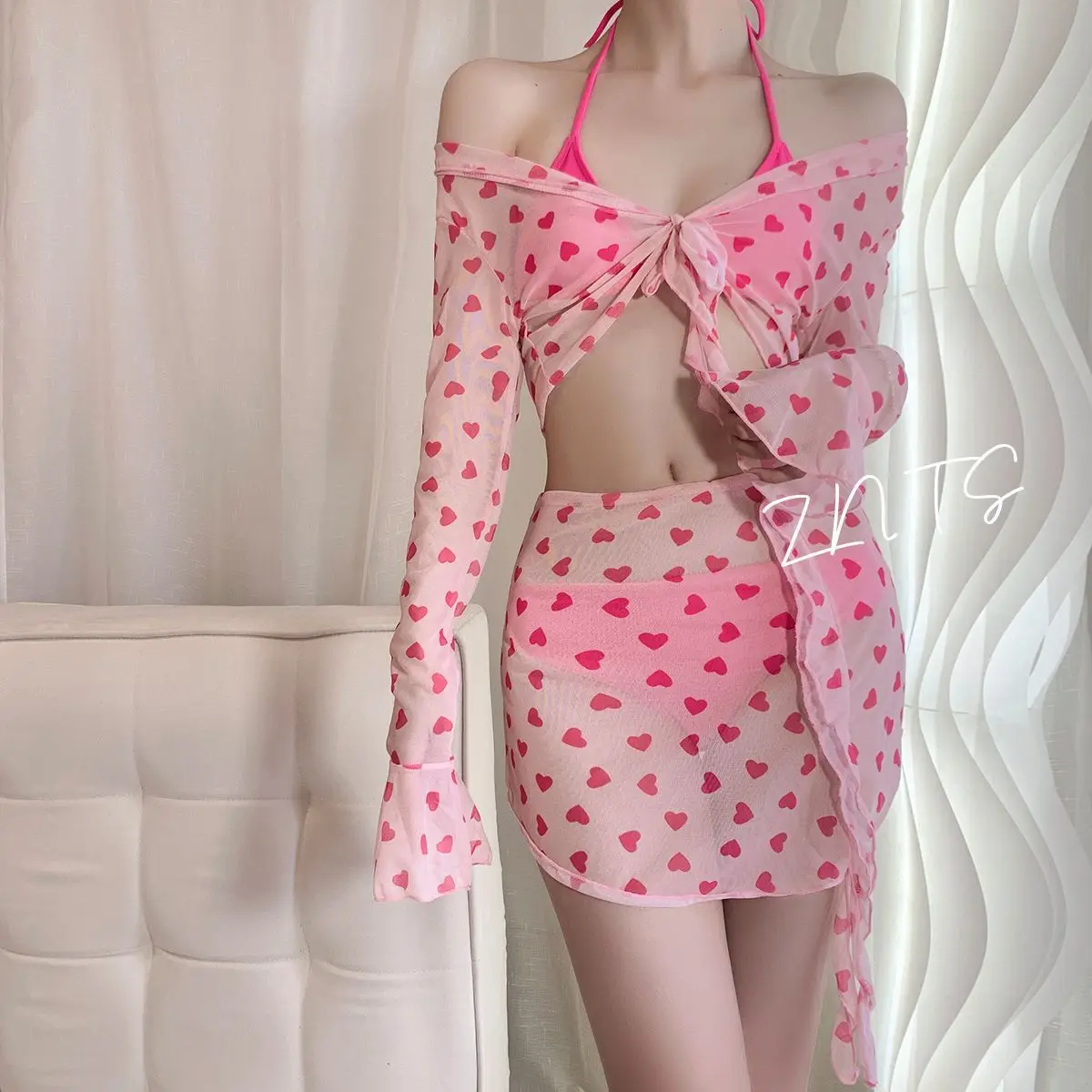 BLACK SWEET Pink Heart V-neck with Chest Pad 4pcs Swimming Suit for Women High Waist Bikini Set Long Sleeve Cover-up Swimwear