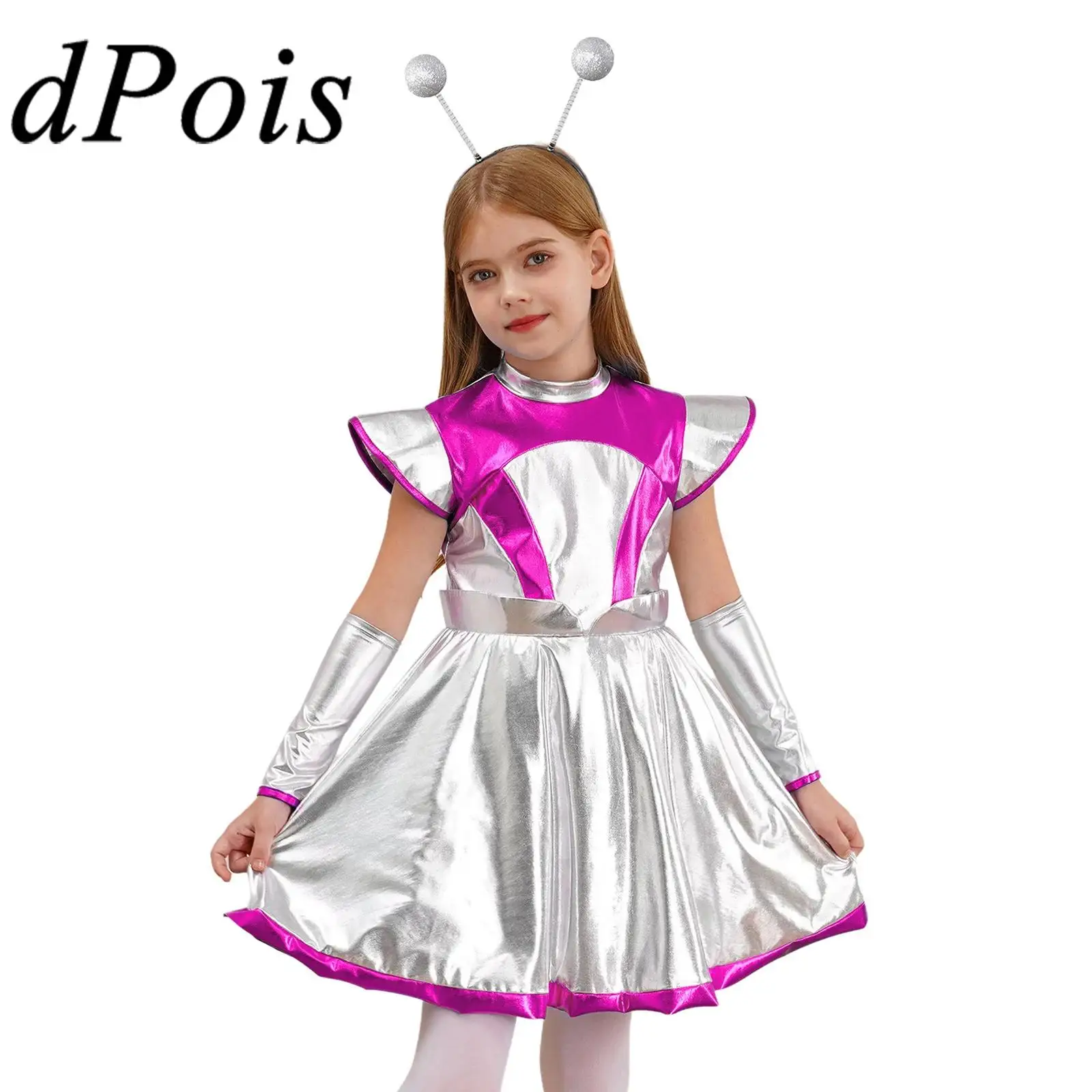 

Alien Astronaut Cosplay Costume Girls Robot Costume Performance Carnival Dress with Arm Sleeve Outer Space Metallic Dress