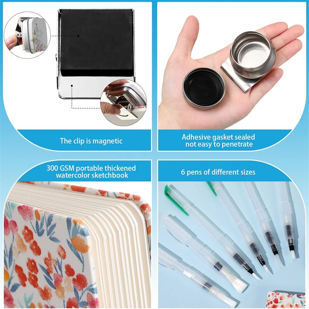 M21K 11 Piece Tin Box, 12 Empty Watercolor Palettes, Artist Brushes with Protective Case, Sketching Watercolor Kit