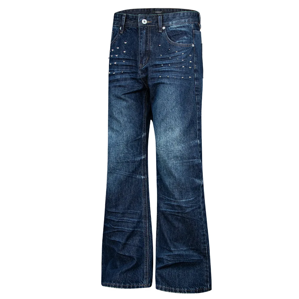 MWJLPWQ American High Street Men's Denim Bell-Bottom Pant Rivet Pleated Design Washed Distressed Vintage Wide-Leg Trousers 21132