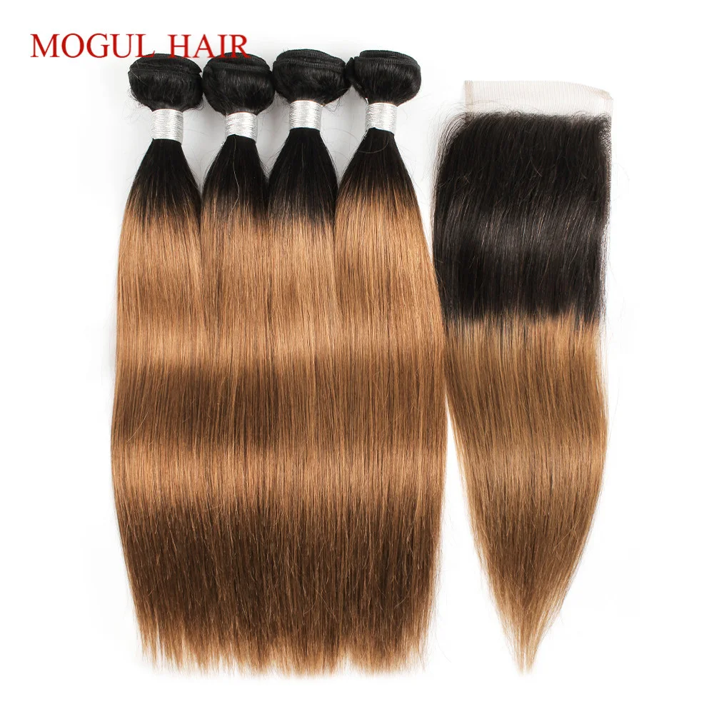 MOGULHAIR-Mèches Brésiliennes Naturelles Remy Lisses, Auburn Ombré 1B 30, 4x4, avec Dentelle Transparente, avec Closure