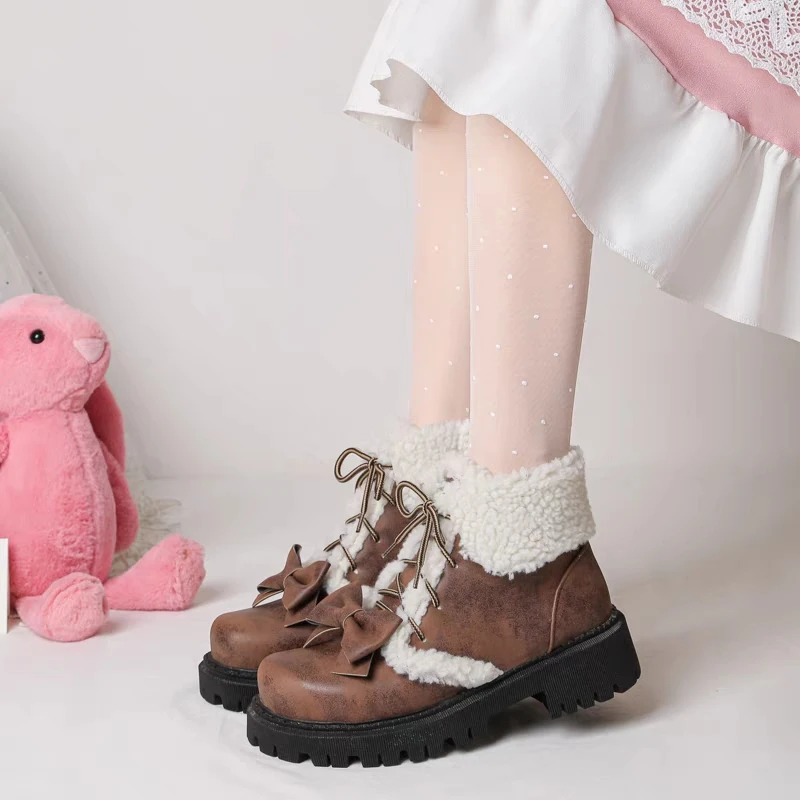 Women\'s Lolita Bowknot Short Ankle Boots, JK Uniform Street Fashion Faux Fur Motorcycle Booties Winter Platform Lace Up Shoes