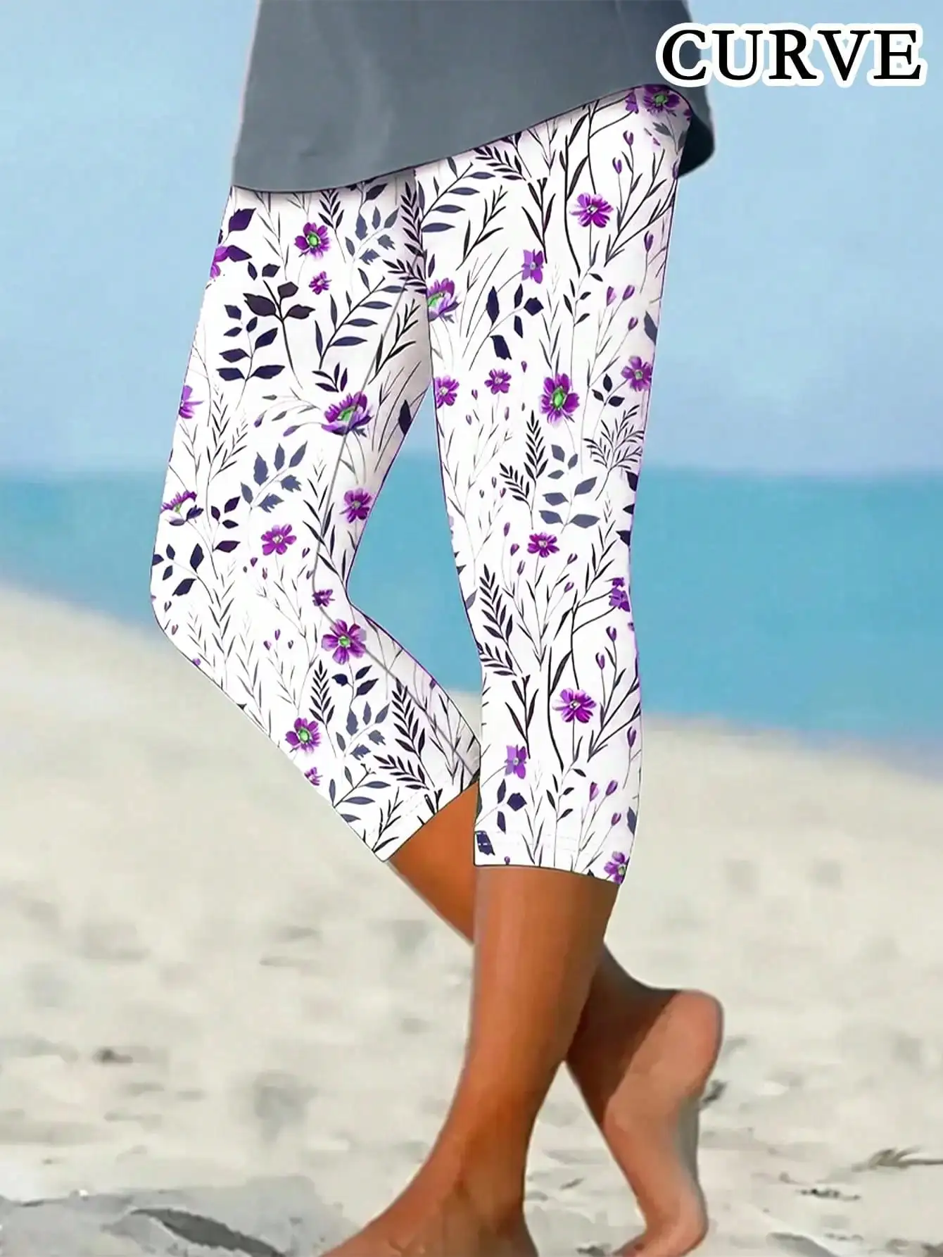 

Plus Size 1XL-5XL Women's Fashion Cropped Leggings Ladies Floral Printed Casual Tight Pants Seven-point Leggings