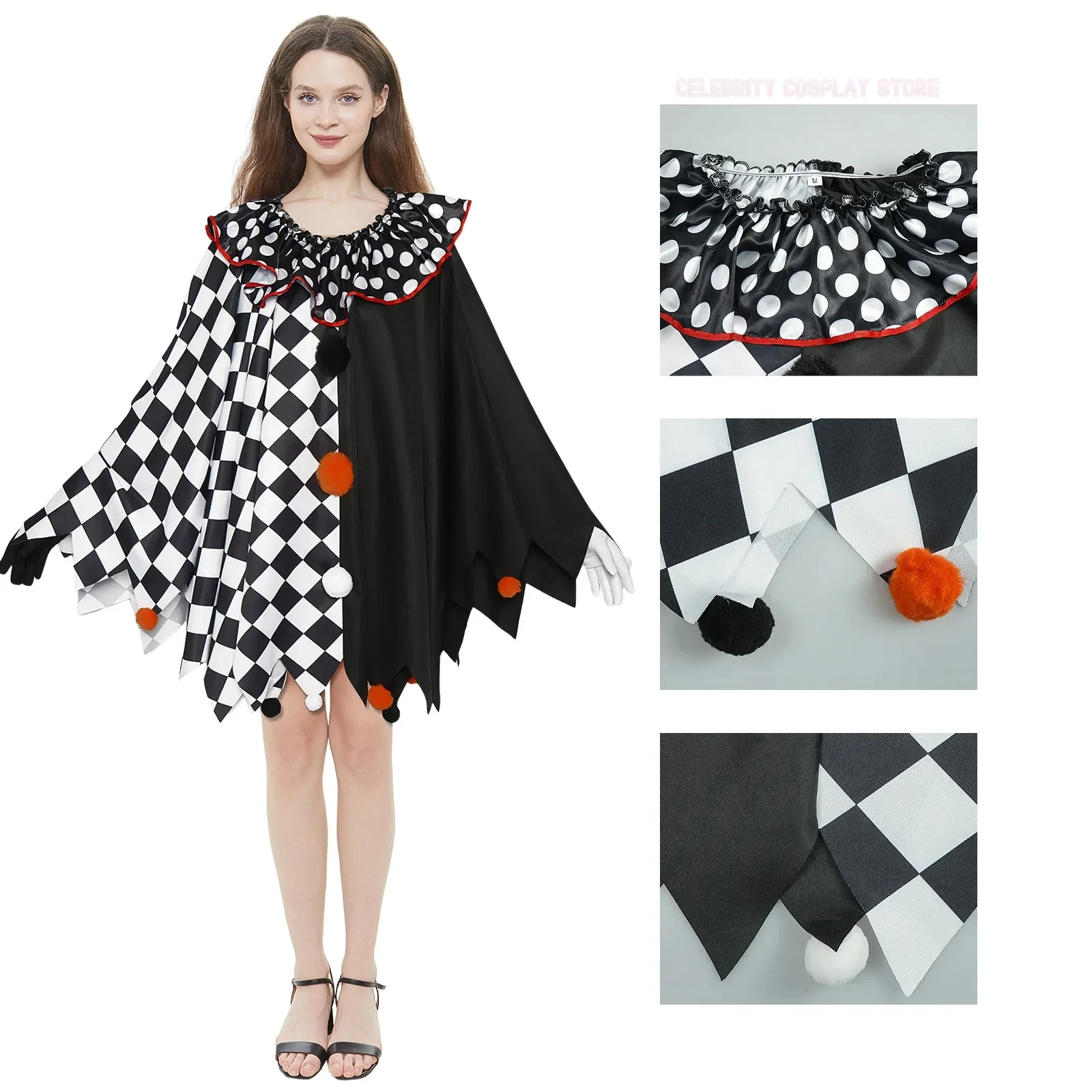 Horror Joker Cosplay Kostuum Halloween Zwart-witte Mantel Maskerade Uniform Pak Kerst Cape Rollenspel Set voor Vrouwen Mannen