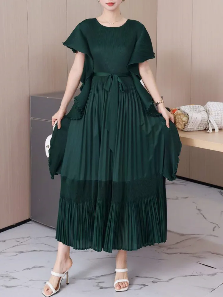 LANMREM Fashion Party Pleated Dress Women Ruffles Short Sleeves Belt Gathered Waist A-line Dresses Elegant Summer New 32C1049